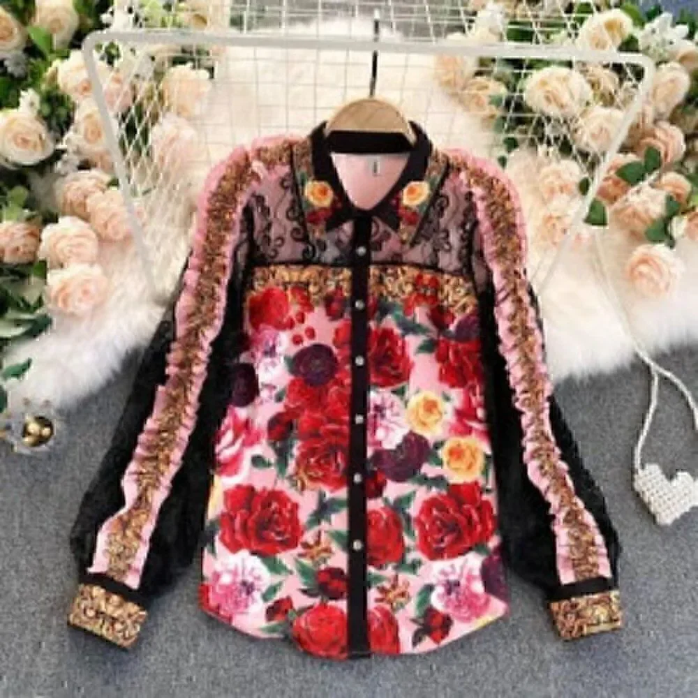 Vintage Floral Flower Collar Floral Print Lace Ruffles Top & Skirt XXL EURO
